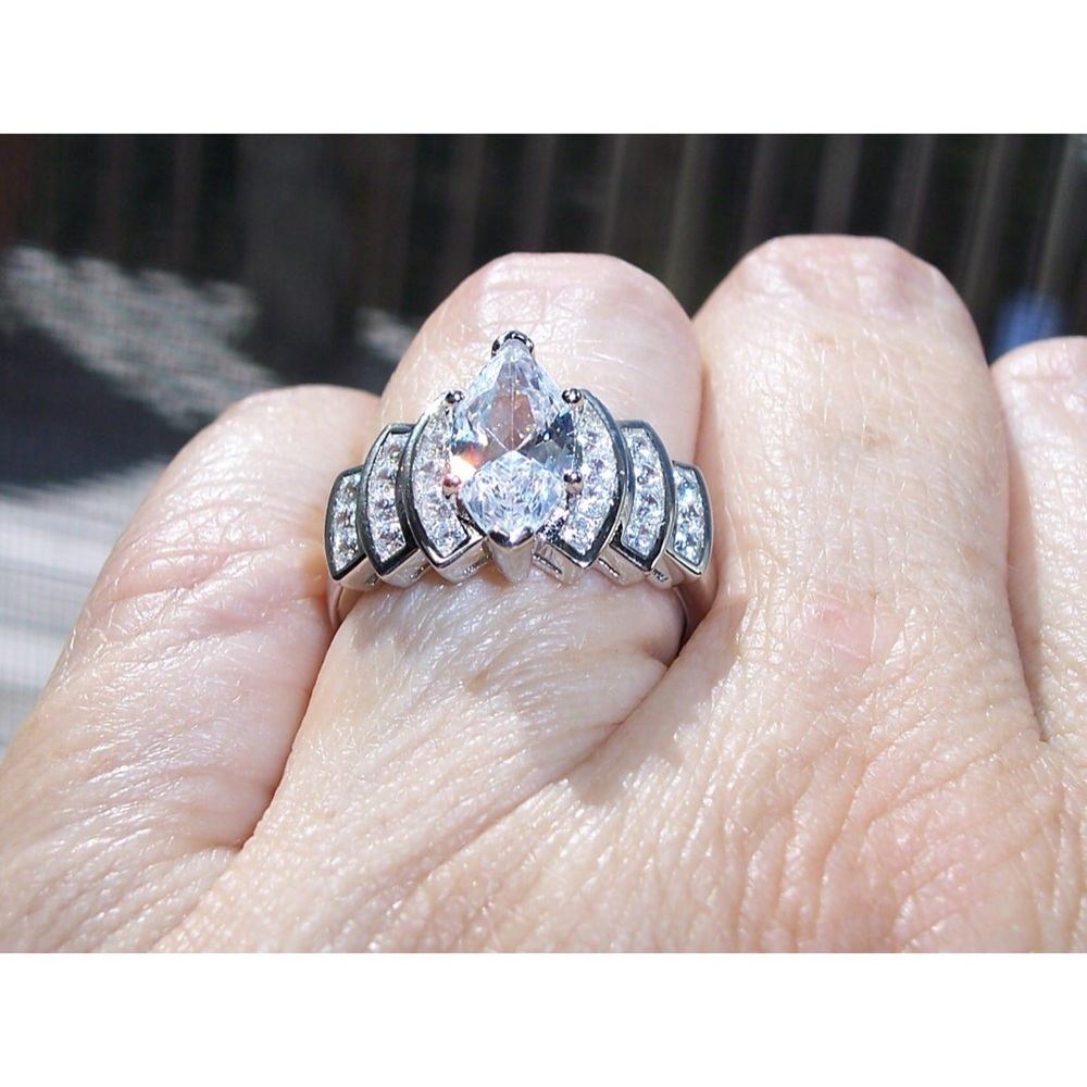 925 STERLING SILVER Marquise Cubic Zirconia Stair Step Tier Ring - Picture 7 of 16